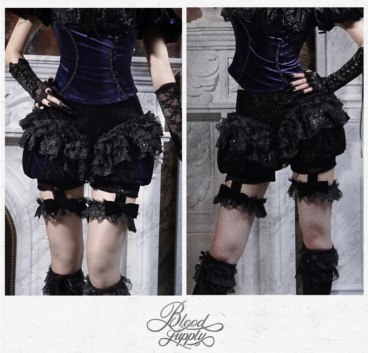 블러드 서플라이 오리지널 디자인 고딕 벨루어 레이스 스커트 팬츠 럭셔리 블랙 펌킨 할로윈 쇼츠 가을 블랙