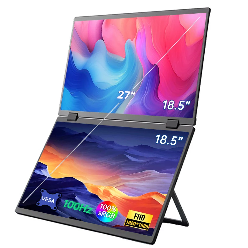 monitor portátil de la pantalla dual de 18.5 pulgadas 100HZ 1920*1080P 100% sRGB con 360 ° Flip pantalla externa para PC, portátil, Mac, teléfono, Xbox PS4