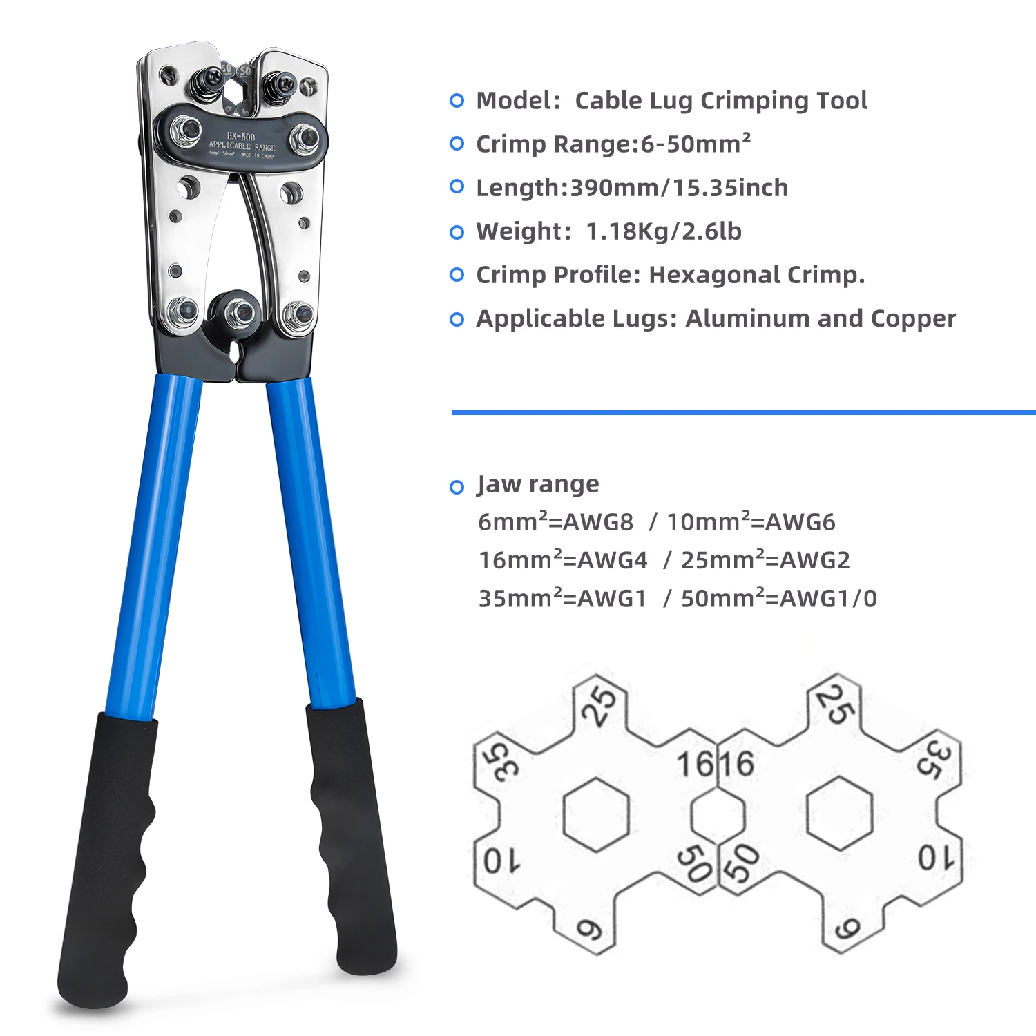 HX-50B 6-50mm² Battery Cable Lug Crimping Tool for AWG 10-1/0 Heavy Duty Wire Lug Tube Terminal Crimper Hex Crimp Tools Pliers