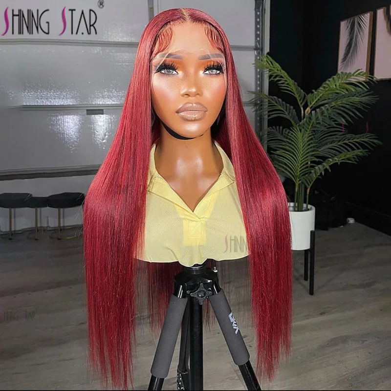 

99J Colored Lace Front Human Hair Wigs Straight Burgundy 13X4 Hd Transparent Lace Frontal Wigs For Black Women Red Wigs 30 Inch