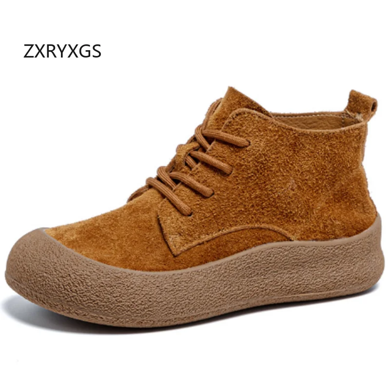 

ZXRYXGS Женские модные ботинки из матовой воловьей кожи с верхним слоем, повседневные кроссовки, новинка 2025, осенне-зимние ботинки, ботинки большого размера на плоской толстой подошве