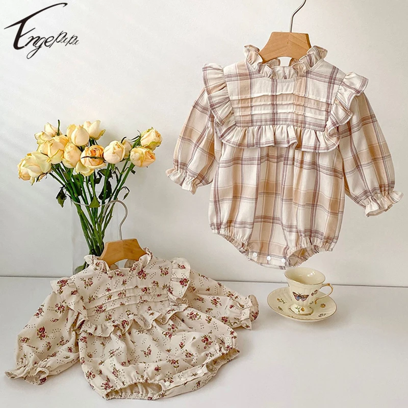 2023 Baby Girl Plaid Rompers Toddler Girls Long Sleeves Jumpsuit Infant Girls Floral Rompers Princess Spring Autumn Clothes