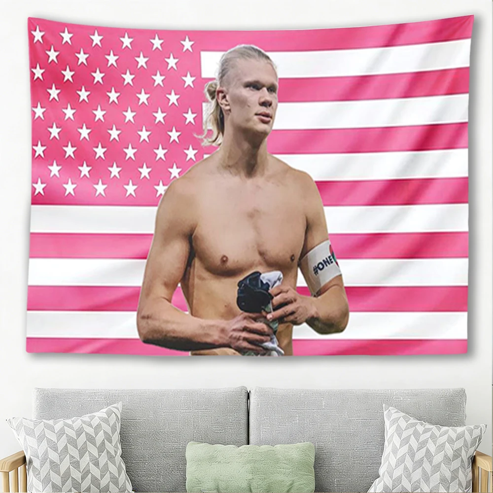 Erling Haaland Pink American Flag Tapestry Football Star Portrait Wall Hanging Dorm Bedroom Decor Fan Banner