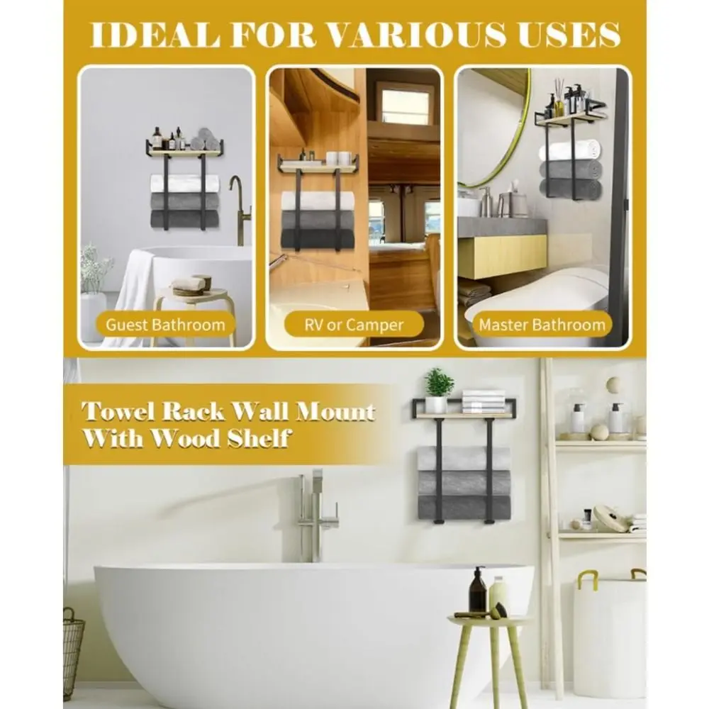 

Wood and Iron Bathroom Shelf Rectangle Shape Space Saving Shower Shelf Large Capacity Rust Proof Wall Mounted Shelf