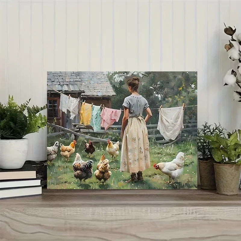 Multiple sizes 1pc frameless Canvas Painting,Farm Girl Feeding Chickens Rustic Cottagecore Realism Poster and Prints Canvas Pain