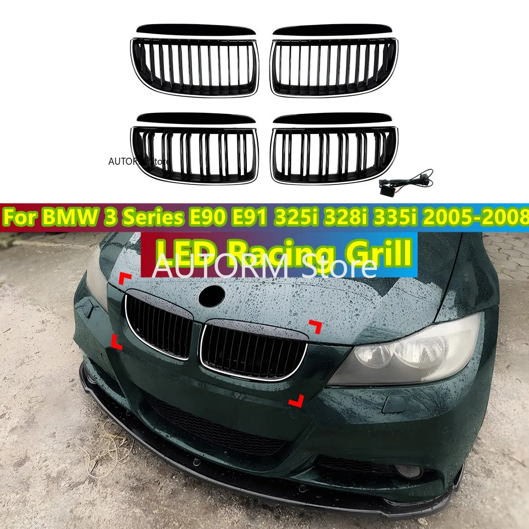 

Replacement LED Grille For BMW 3 Series E90 E91 325i 328i 335i 2005-2008 Front Bumper Kidney Light Racing Grille Glossy BlacK