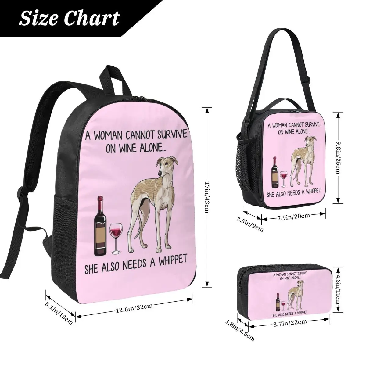 Whippet Dog And Wine Funny Gift For Dog Mom Backpack BookBag School Bag Shoulder Bags 3ps Insulated Lunch Bag Pencil Case