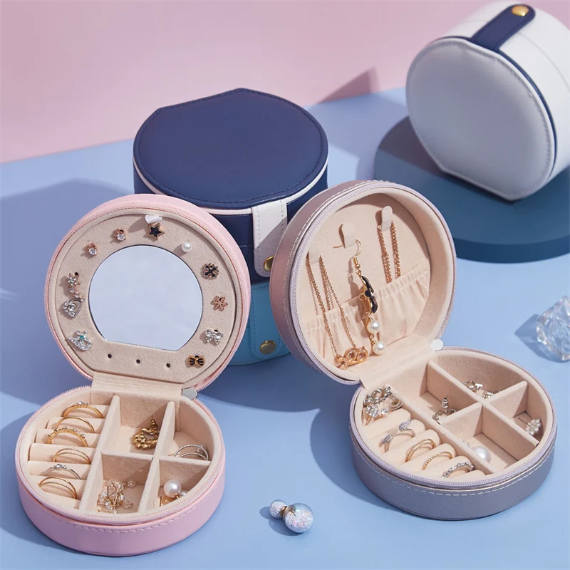 New Double-Layer Round Jewelry Box Earrings Creative Multi-Layer Portable Jewelry Storage Box For Business Travel PU Storage Box