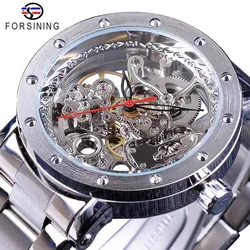 Fashion Forsining Top Brand Full Stainless Steel Luxury Golden Hollow Out Transparent Man Waterproof Automatic Mechanical Watch