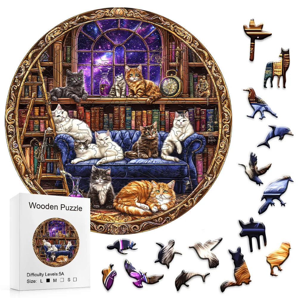 Fantasy Starry Library Cats Round Wooden Puzzle, Distinct Irregular Pieces, Nice Gift & Wall Art Decor For Puzzle Fans