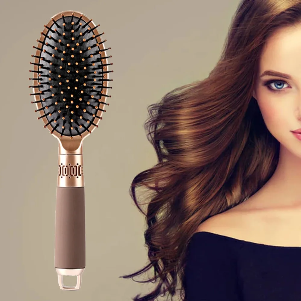 Salon Use Non Slip Handle Hair Styling Comb Oval Shape Gasbag Cushion Massaging Hairbrush Golden Color Oval Hair Comb Home Use
