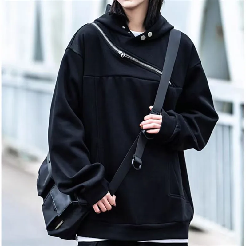 Fashion Women New Oversize Style Cotton Black Hoodie Y2K Autumn Zip Up Design Streetwear Hoodie Woman Vintage Halloween Techwear