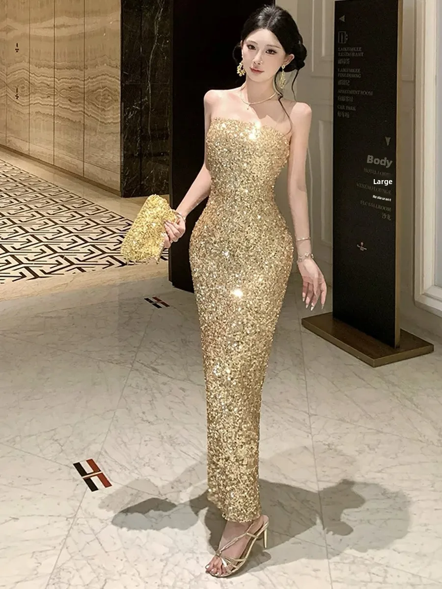 Sexy High-End Diamond Flashing Heavyweight Two-Sided Bustier Bodycon Dress Split High Waist Polyester Summer Evening Gown