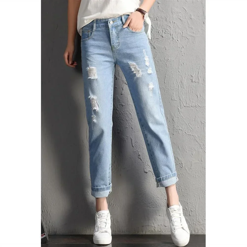 Jean slim taille haute pour femme, jean crayon vintage, jean déchiré, mode coréenne, fjStreetwear