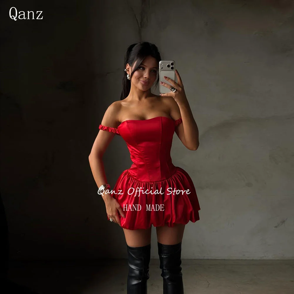 

Qanz Red Off The Shoulder Prom Dress Satin Mini A Line Vestidos De Graduación Backless Short Birthday Party Gowns Customized
