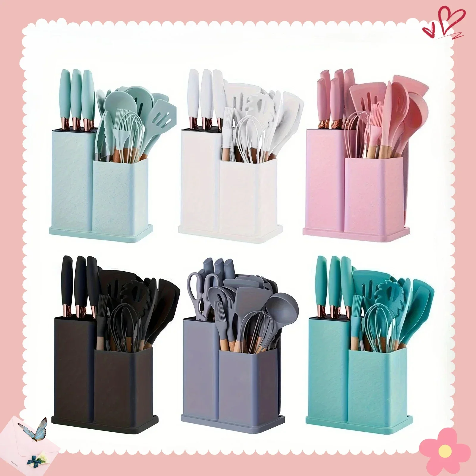 19 قطعة مجموعة أدوات المطبخ سيليكون غير لاصقة مع سكاكين أدوات مقاومة للحرارة في تخزين الخيزران مثالية للطهي #6