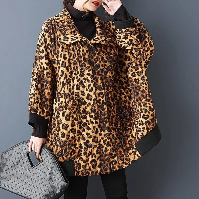 Jacke mit Leopardenmuster, Frühling und Herbst, lockeres Revers, langärmelig, dünn, modisch, locker, lässig, Kontrastfarbe, Mantel w1559