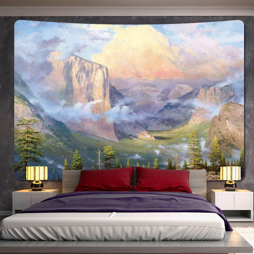 

Fairy tale forest castle oil painting scene home decoration tapestry bohemian wall hanging background wall tapestry