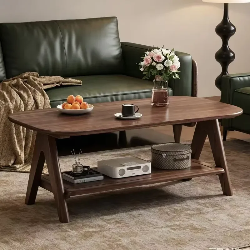 Medieval Style Solid Wood Coffee Table Two Tier Design for Living Room Furniture