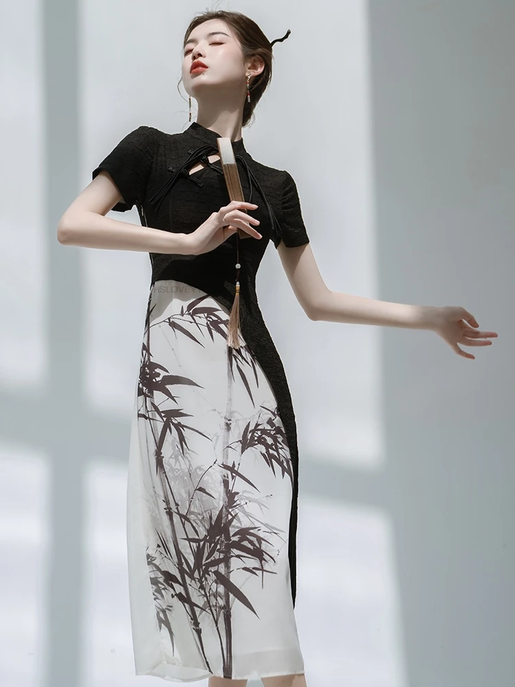 

New Chinese Style Cheongsams Sexy Qipao Black Patchwork Bamboo Chinese Mandarin Collar Qipao Modern Oriental Dress