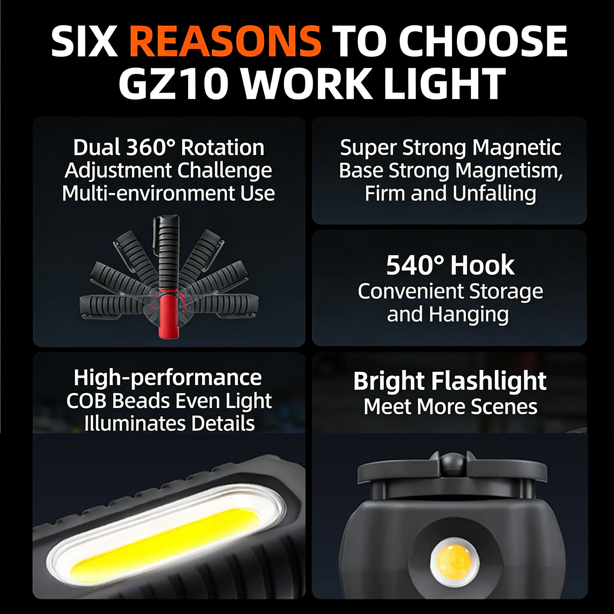 Car repair work light rechargeable waterproof and shockproof COB work light portable base magnetic hook work flashlight