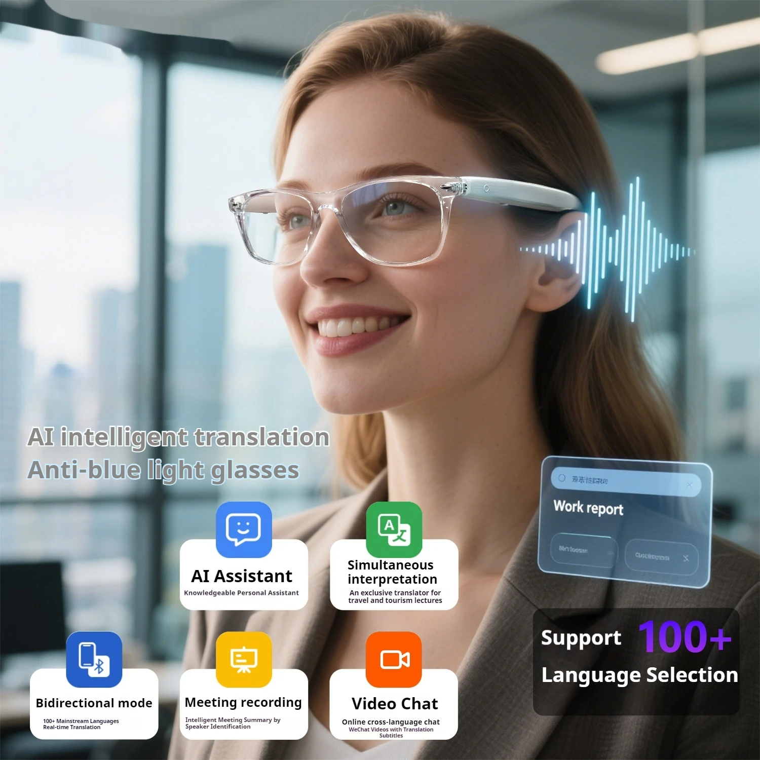 F16 جديد AI ترجمة نظارات بلوتوث الترجمة في الوقت الحقيقي ل 100+ لغات تشغيل الموسيقى وظيفة الاتصال النظارات الذكية