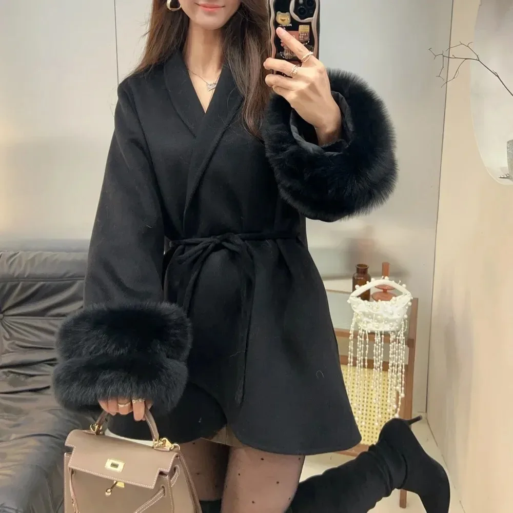 OFTBUY Real Fur Jacket Women Patchwork Fashion Furry Bandage Outwear Clothing Long Sleeve Spring Autumn Temperament Wool Coat