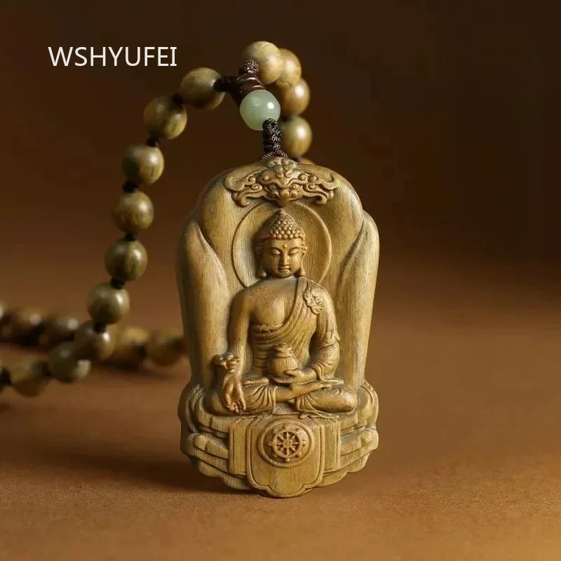 Green Sandalwood Carved Buddha Pendant Necklace Carved Buddha Statue Wood Amulet Necklace With Wood Beads Chain Ornament