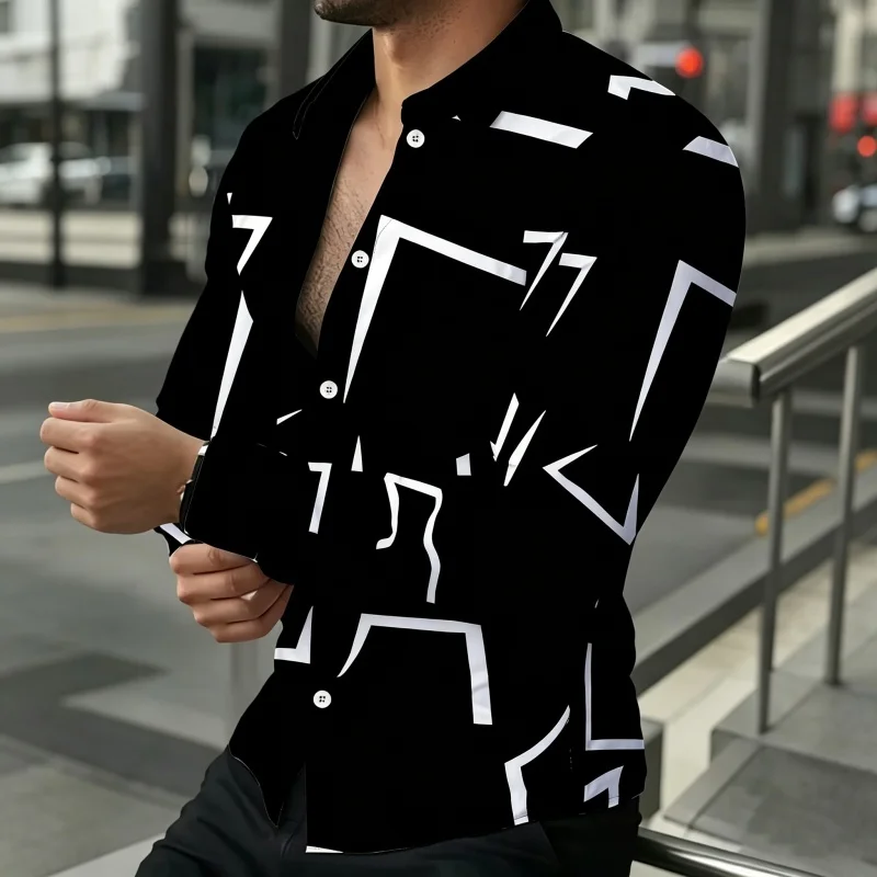 Fashionable men's shirt with contrasting geometric lines, long sleeved shirt in black and white, simple business casual shirt