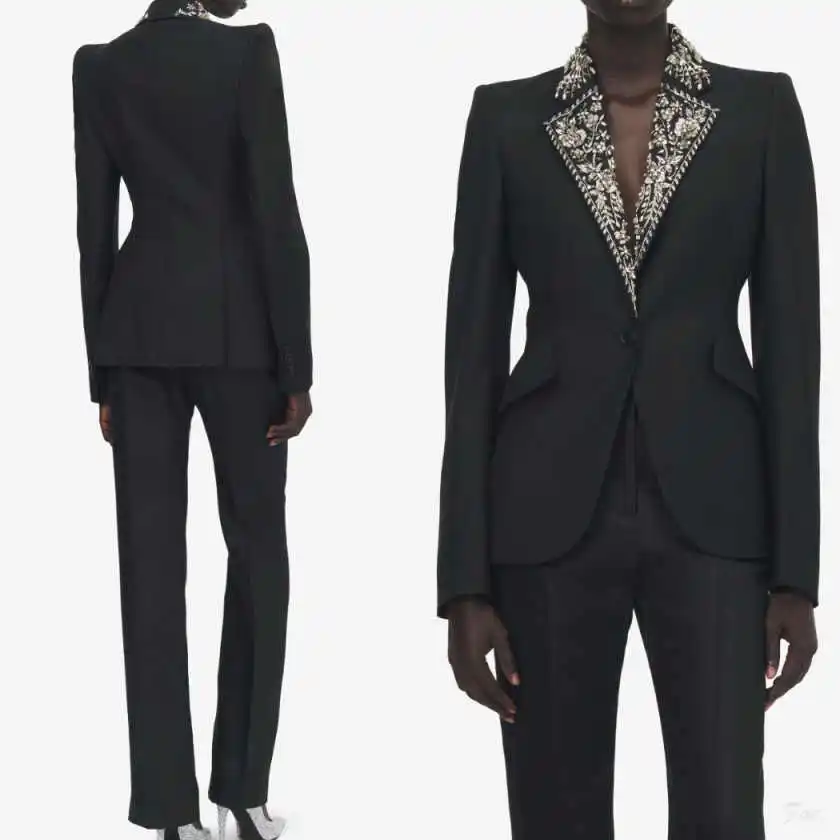 Rhinestones Beaded Women Suits Fashion Slim Fit Ladies Blazer Pants Suits 2 Piece Outfits Customized Female Clothing
