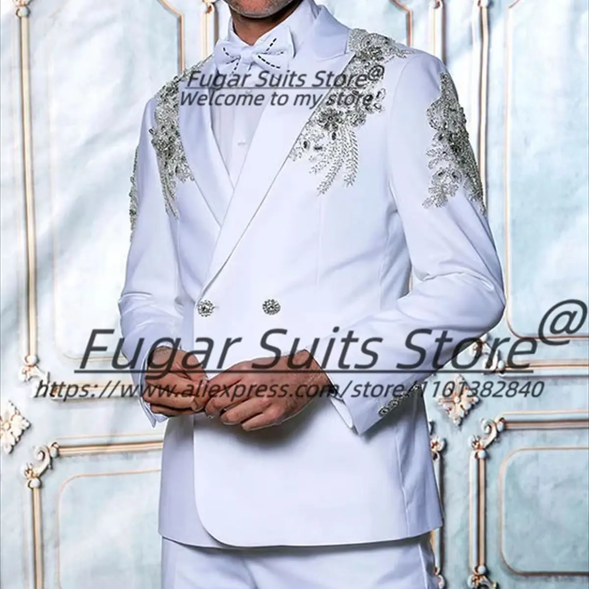 Gorgeous White Double Breasted Men Suits Shiny  Silver Rhinestone Embroidery Shawl Lapel Groom Wedding Tuxedos 2 Pieces Sets