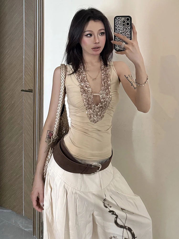 غريب سنور بريق تانك القمم المرأة Y2K الترتر Ruched العميق الخامس الرقبة نحيل مطاطا شيك الأساسية الكلاسيكية الصيف الاتجاه الشارع سترة