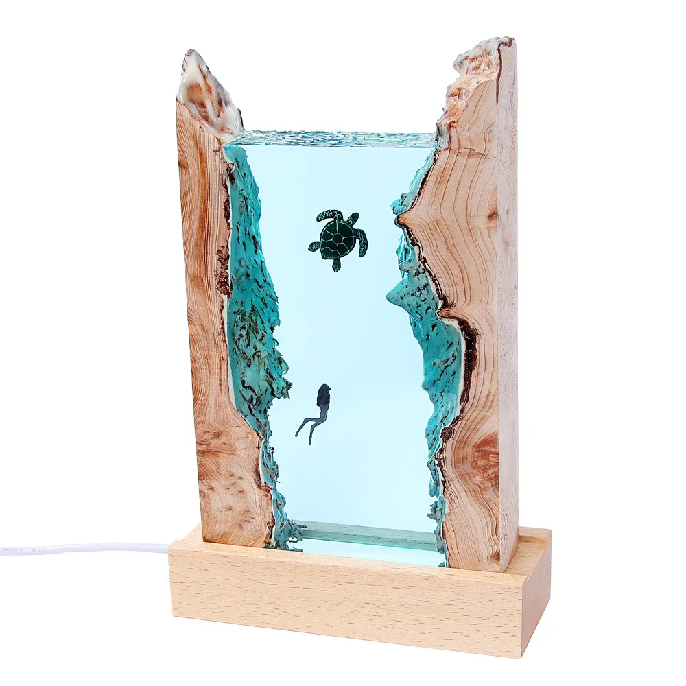 Ocean Cave Diver Home Desktop Decoration Creative Art Holder Solid Wood Resin Night Lamp Gift Jewelry