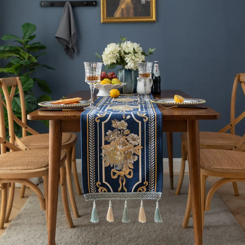 High End European Floral Table Flag Chenille Tassel Home Tablecloth Polyester Desktop Decoration Home Textile Supplies
