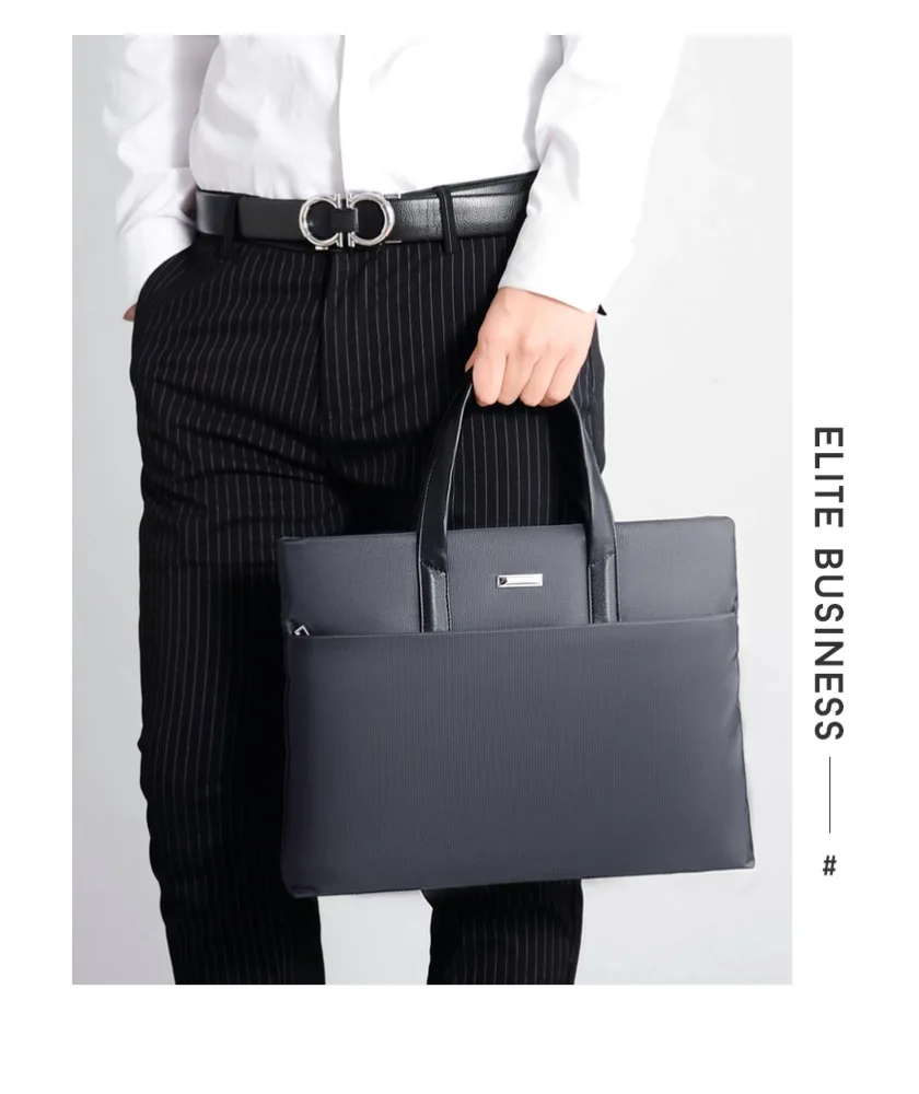 Navy Blue Business Tote Bag With Black Leather Trim Matte Finish Front Slip Pocket For Work And Daily Use