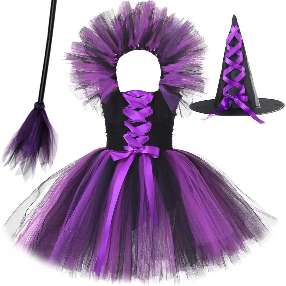 Black Purple Witch Halloween Costumes Girls Hot Pink Black Witches Tutu Dress for Kids Carnival Disguise Clothing with Hat Broom