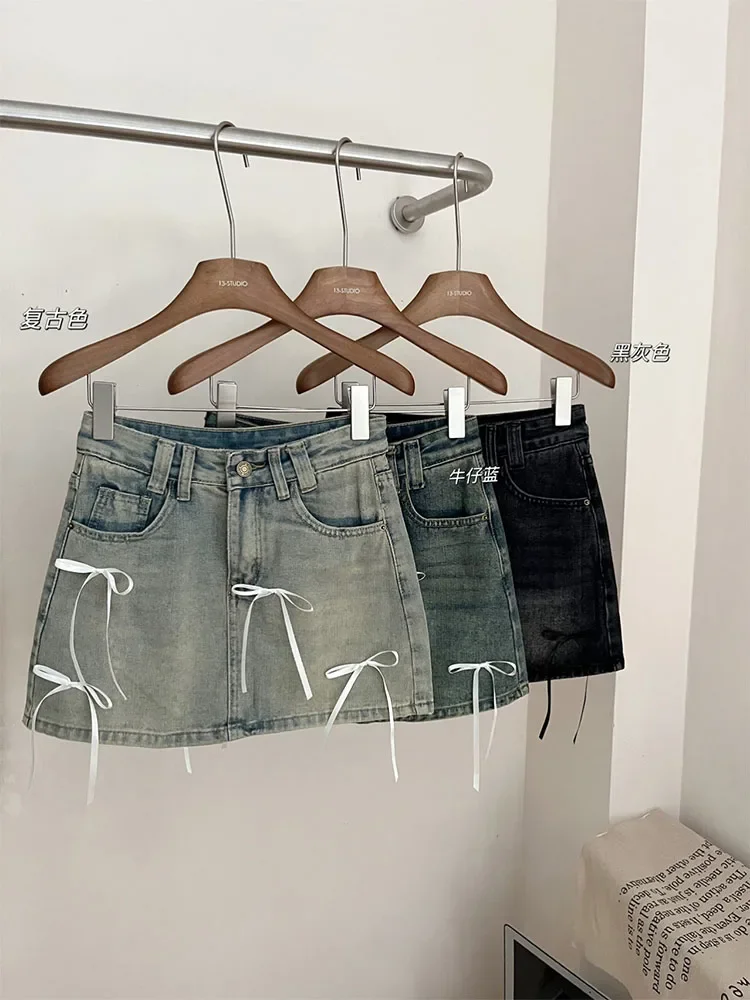 

American Style Solid Sweet Bow Jean Shorts Women New Design Wrap Hip High Waist Slim Mini A-Line Skirts Summer 2000s Aesthetic