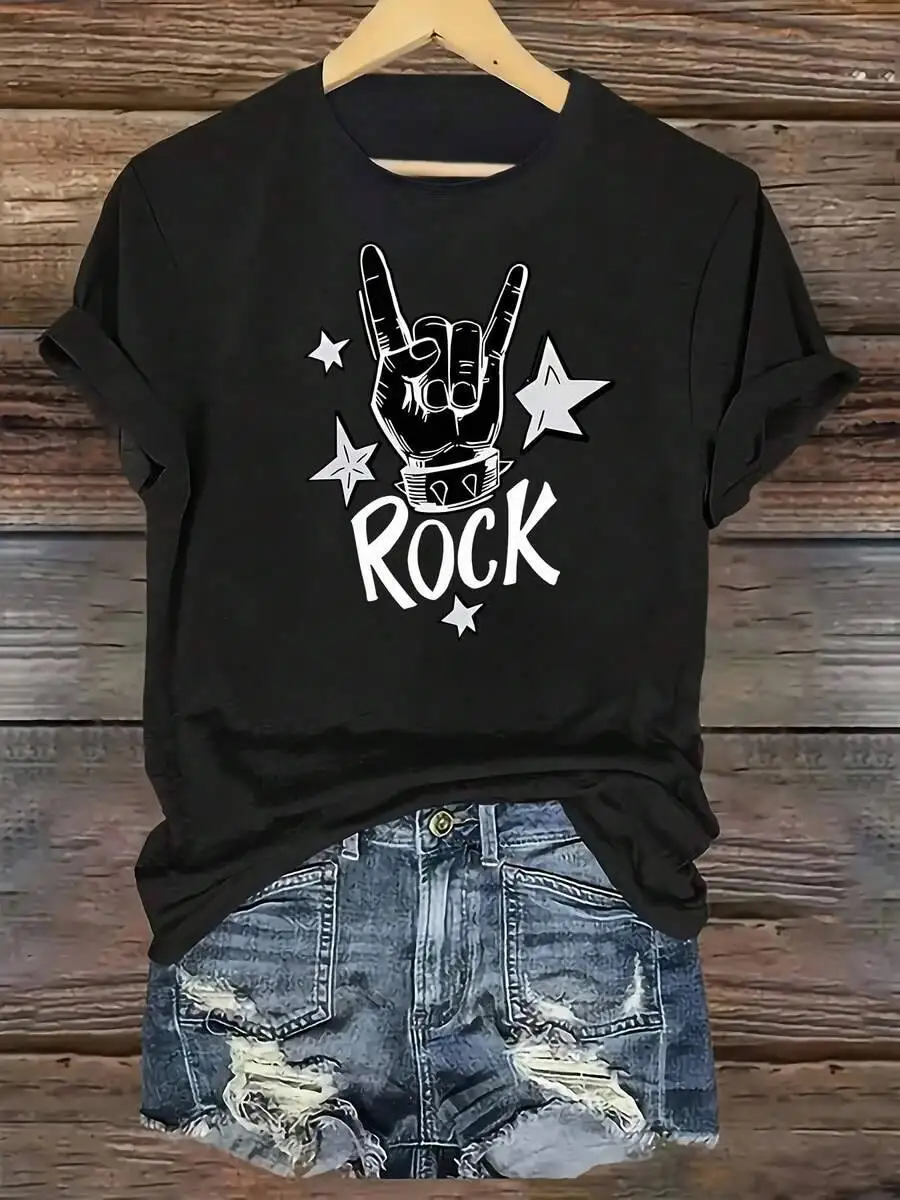Extra Grande,Fashionable Women's Series Rock Gesture Trophy Pattern ROCK Letter Print Round Neck Short-Sleeved T-Shirt 100%