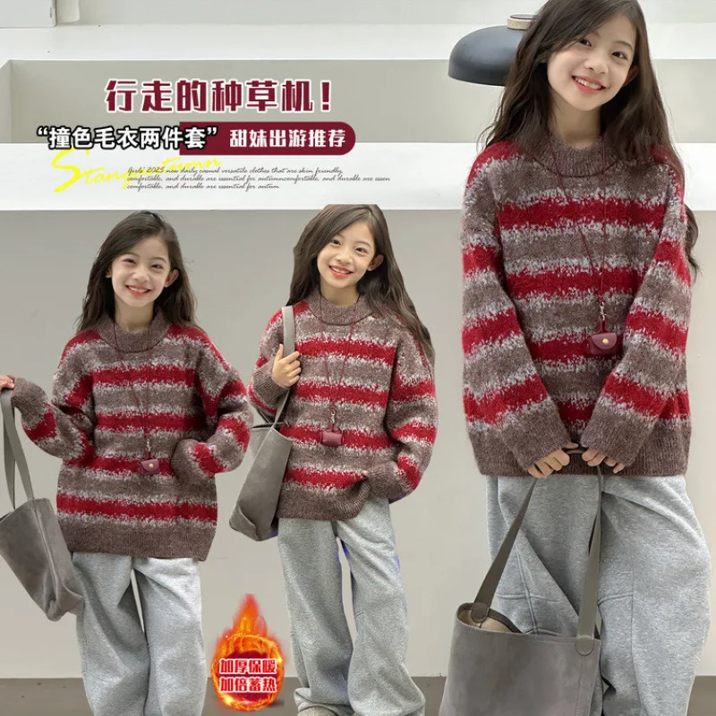 

Girls' Fleece-Lined Striped Sweater, 2025 New Style, Children's Winter Wear, Thick Knitted Girls' Top for Layering
