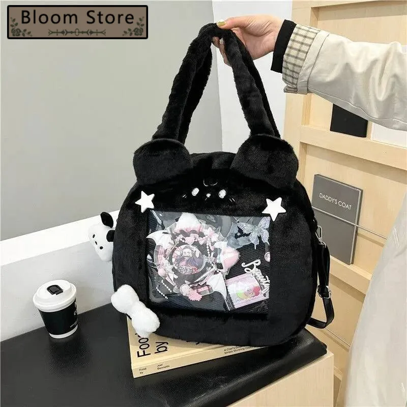 

Bloom Plush Transparent Black Ita Bag Women Autumn Winter Haruku Shoulder Crossbody Bags Girls Large Capacity Itabag Handbag