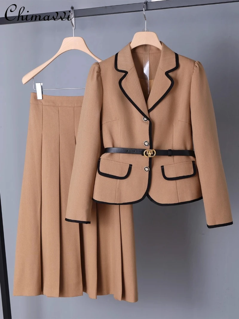 2024 Autumn Clothing High-end Temperament Simple Fashion Brown Long-sleeved Suit Collar Blazer Pleated Skirt Set For Women