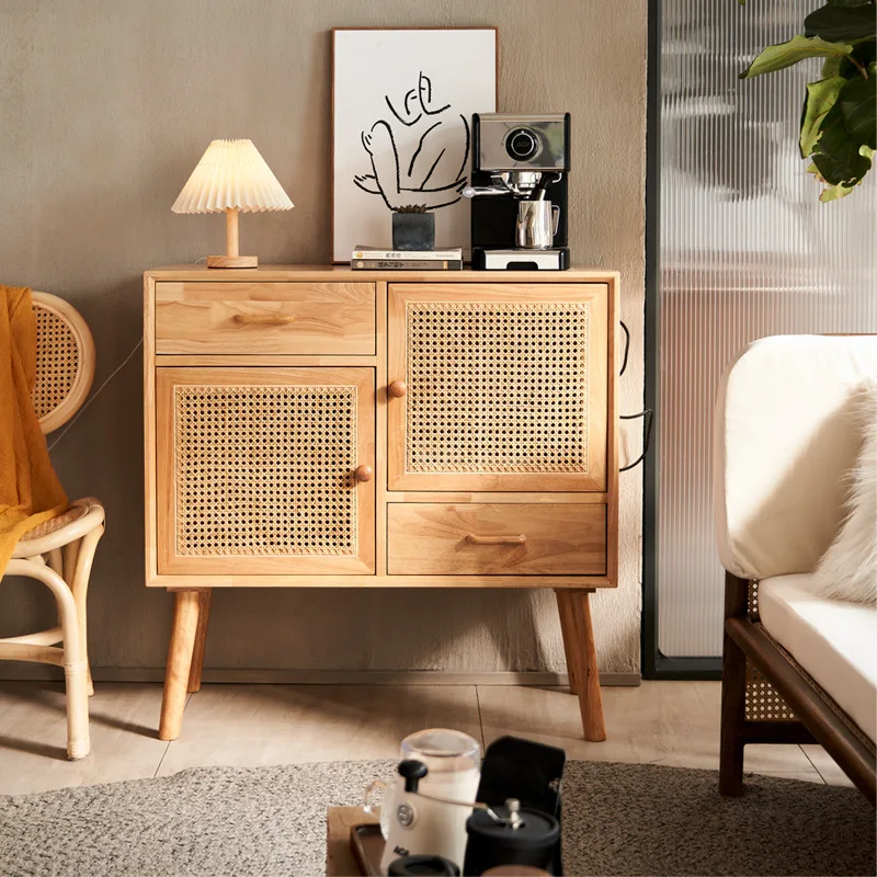 Nordic solid wood dining side cabinet Hotel restaurant Multifunctional handmade rattan tea cabinet Home living room