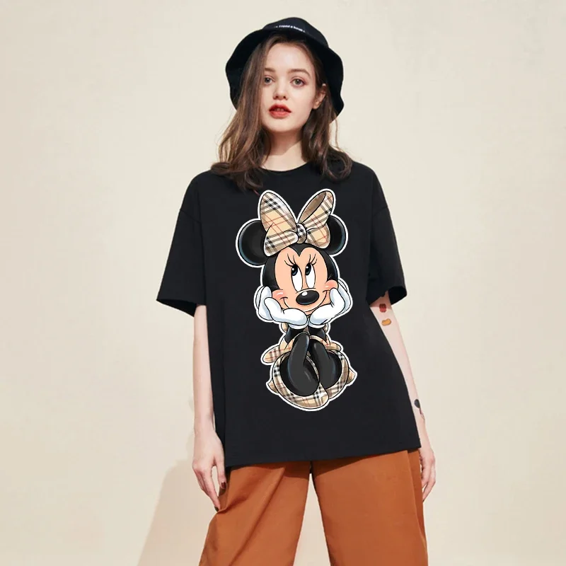 Kaus wanita ukuran besar, kaus Fashion Ulzzang Wanita Atasan kartun Mickey Minnie dengan lengan pendek atasan 90s Y2k