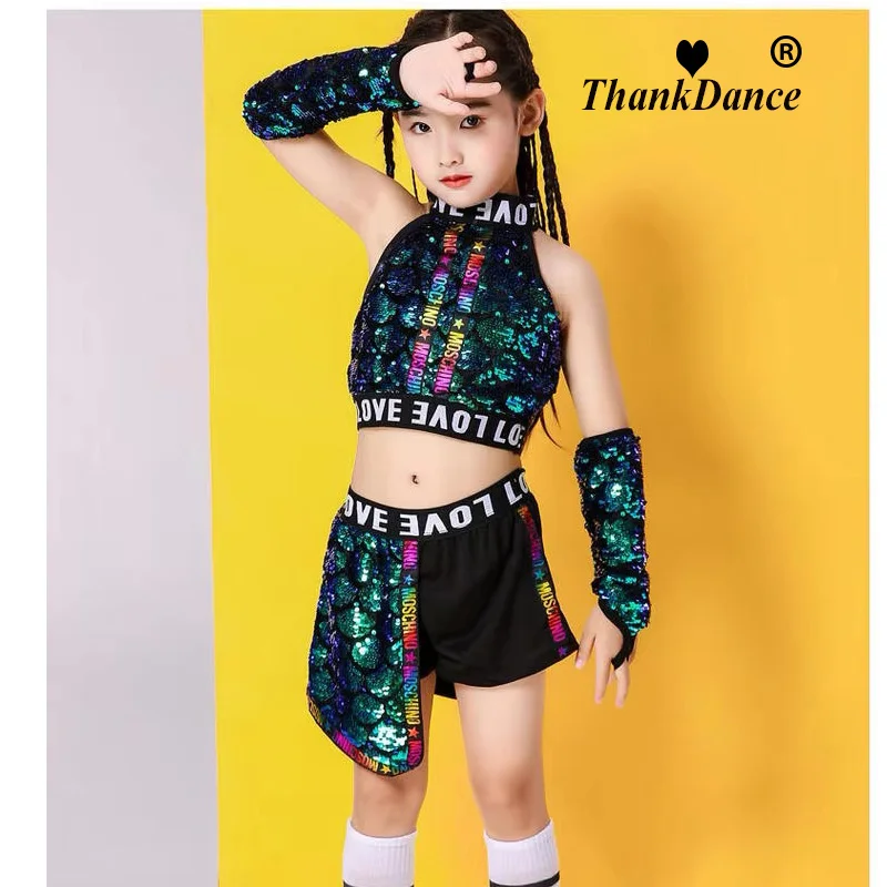 Costumi di danza jazz hip-hop per bambini per ragazze Street Modern Outfit Cheer Dance Costumi di performance sul palco Paillettes lucide