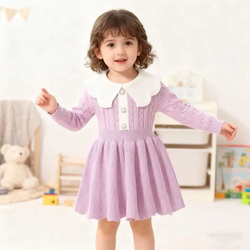 Girls Knitting Wool Long Sleeve Dress Autumn Winter Fashion Children Knitted Princess Sweater Skirt Cute Sweet Kids Clothing