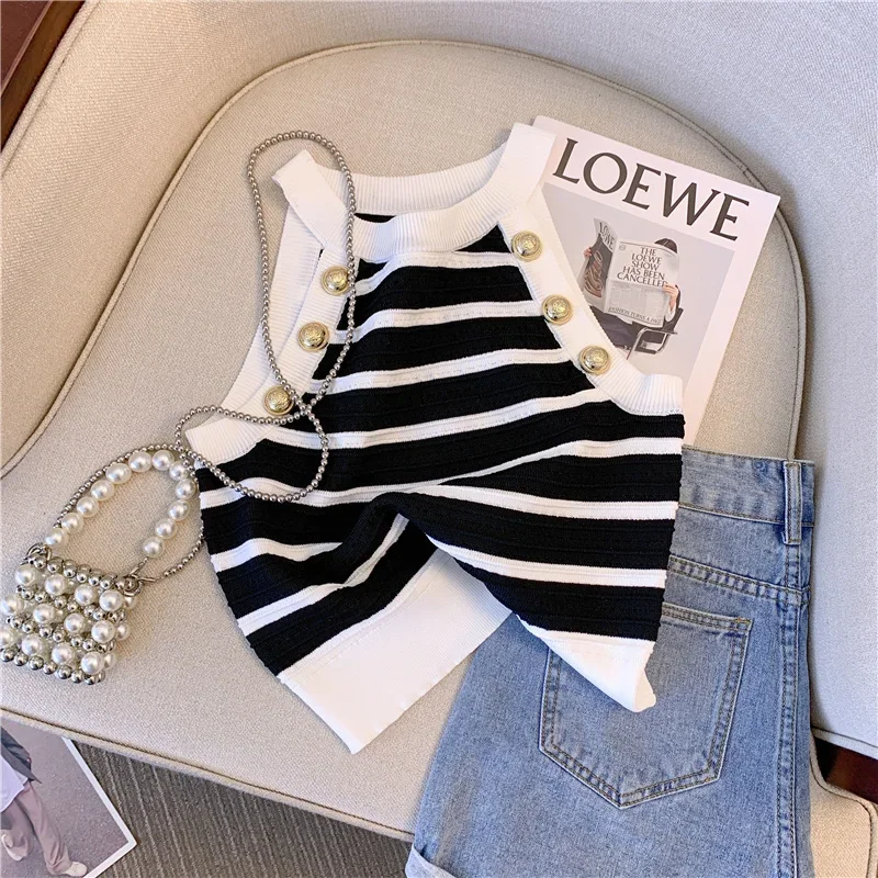 Halter Slim Striped Knitted Vests Women Crop Tops 2024 Summer Sleeveless Gold Buttons Knitwear Sexy Elegant Streetwear Vests