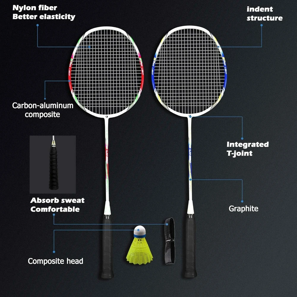 Senston Badminton Rackets Set Van 2, Grafiet As Badminton Rackets Inclusief 2 Tas, 2 Shuttle En Racket Grip.