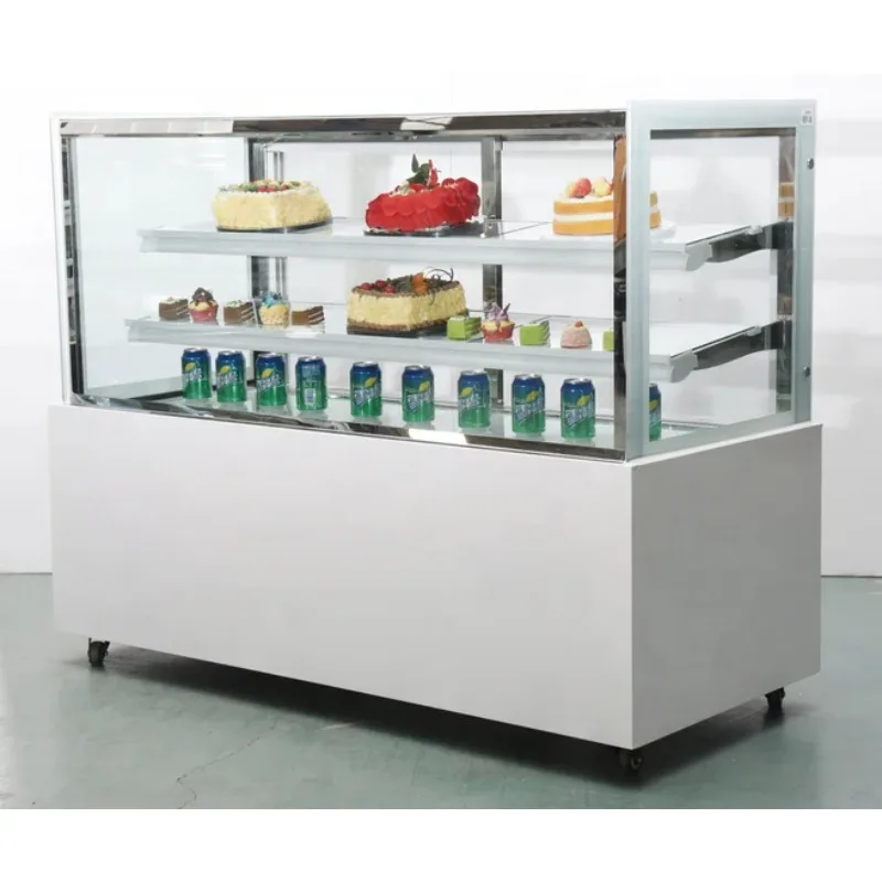 Vetrina per torte refrigerata commerciale Vetrina di raffreddamento ad angolo retto in nero/bianco con luce a LED in marmo a doppia porta