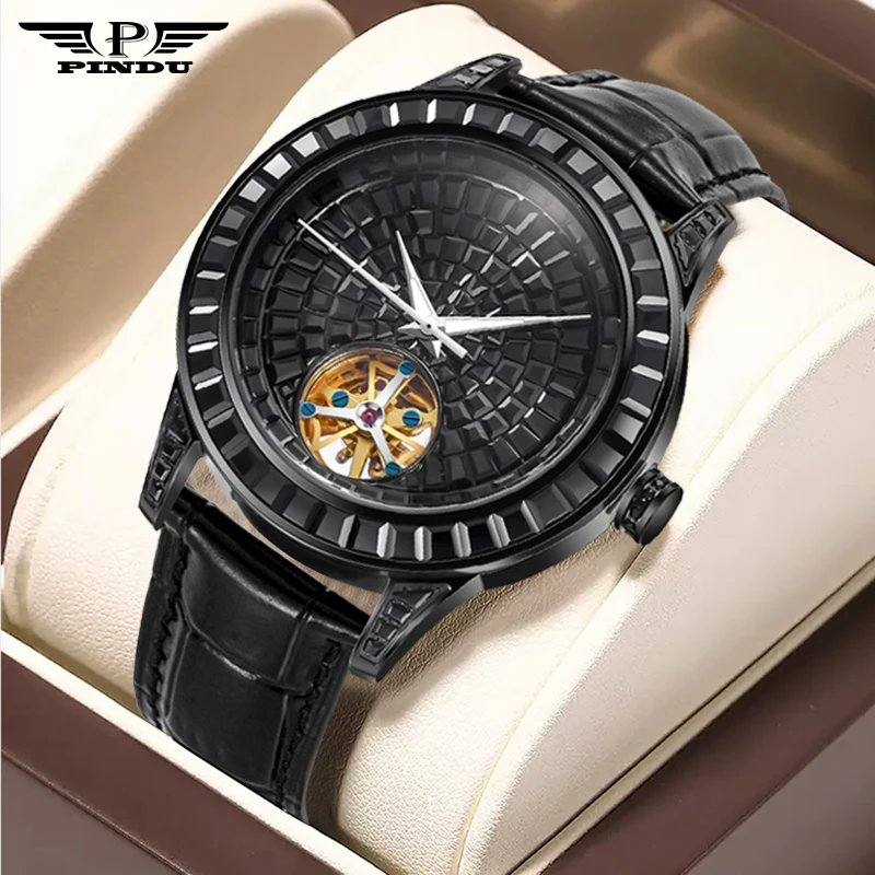 

PINDU Design High Mechanical Watch Fashion Luxury All Diamond Watch For Men Waterproof Stainless Steel Leather Men Watches P5037