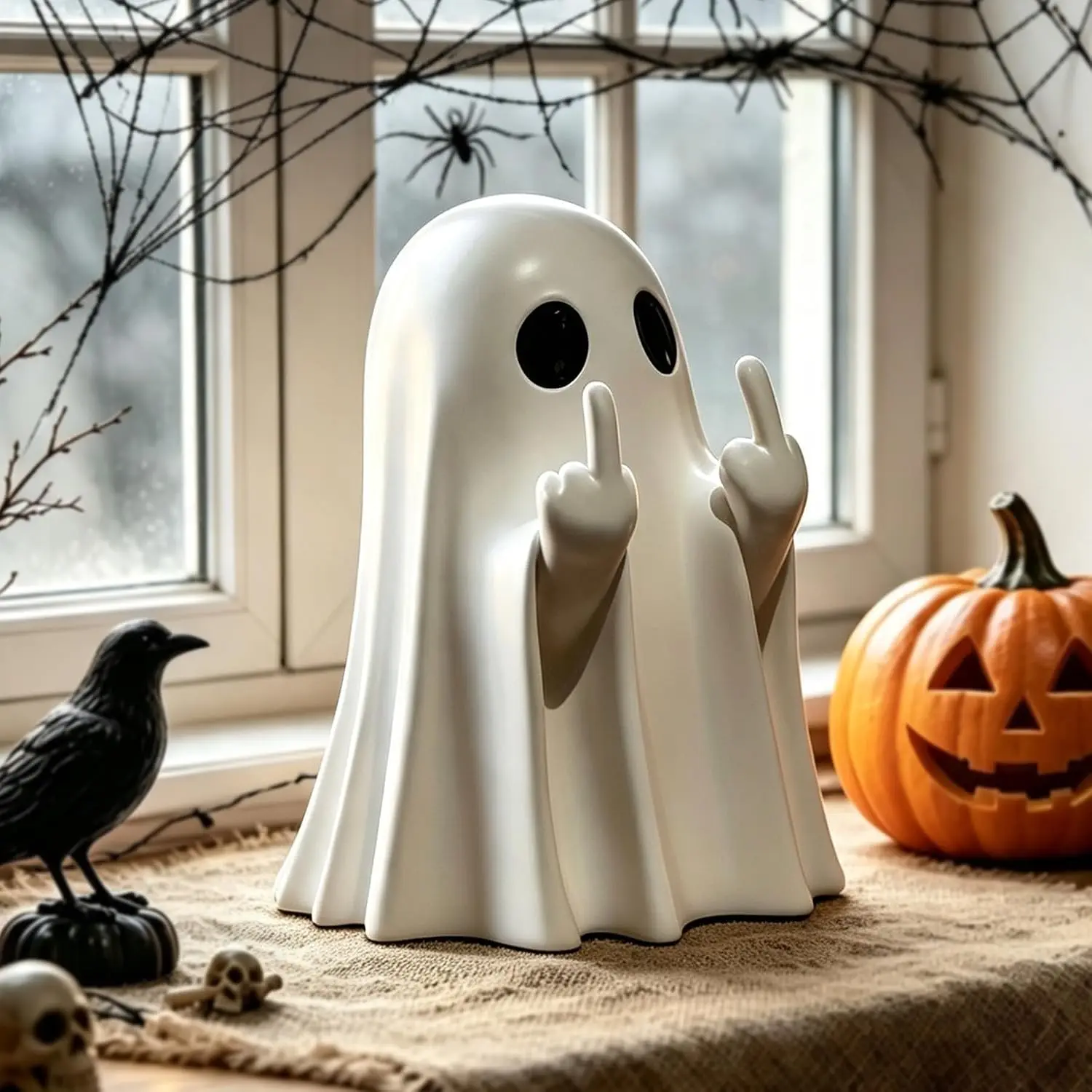 Halloween Ghost Figurine Middle Finger Tabletop Decoration | Spooky & Cute Ghost Statue for Home, Desk, Party Decor Funny
